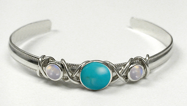 Sterling Silver Cuff Bracelet With Turquoise And Rainbow Moonstone